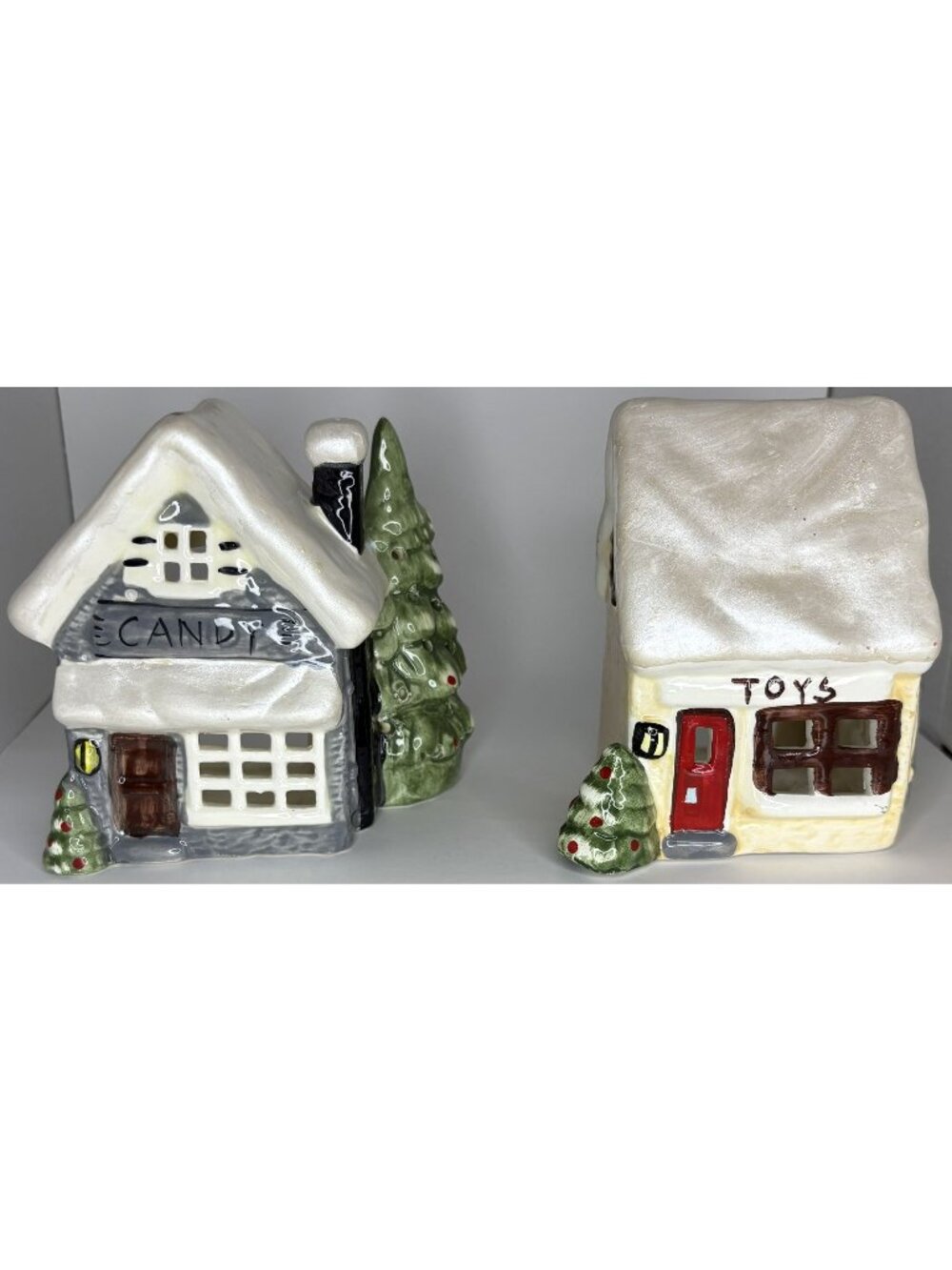 Vintage Ceramic Holiday Candle Houses Set 2 Trees Chimneys Robert Alan Candle Co